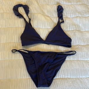 Women’s navy blue, two piece ruffle top bikini